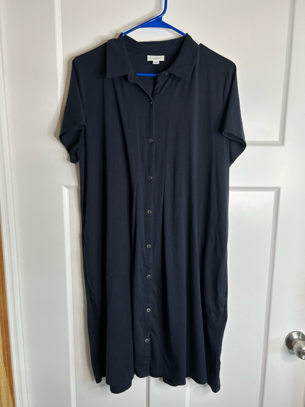 J Jill Women’s Large Button Front Short Sleeve Shirt Dress Navy Preppy 1781